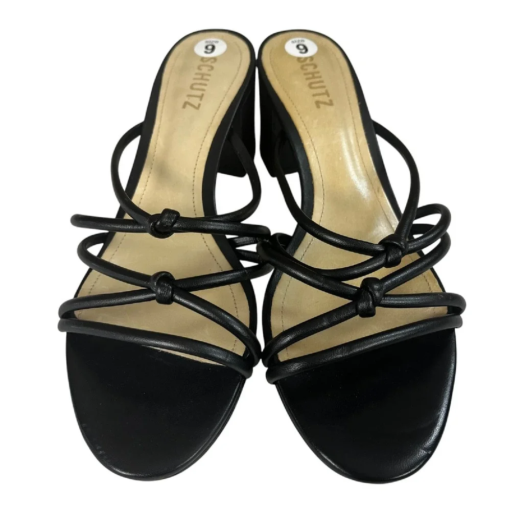 SCHUTZ Princey Black Leather Strappy Block Heel Slip On Sandals Womens Size 10.5